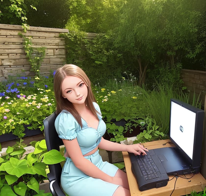  Beautiful girl sits working on the computer in the garden