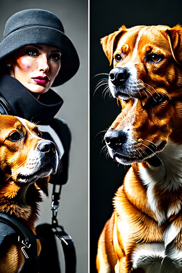  Real, portrait, side by side, photographer, computer bag, pet dog, close -up of the head hyperrealistic, full body, detailed clothing, highly detailed, cinematic lighting, stunningly beautiful, intricate, sharp focus, f/1. 8, 85mm, (centered image composition), (professionally color graded), ((bright soft diffused light)), volumetric fog, trending on instagram, trending on tumblr, HDR 4K, 8K