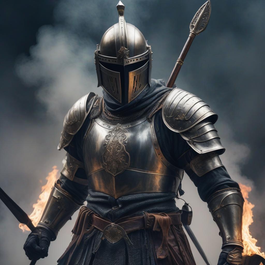  A musician with a pitchfork in a knight's helmet. hyperrealistic, full body, detailed clothing, highly detailed, cinematic lighting, stunningly beautiful, intricate, sharp focus, f/1. 8, 85mm, (centered image composition), (professionally color graded), ((bright soft diffused light)), volumetric fog, trending on instagram, trending on tumblr, HDR 4K, 8K