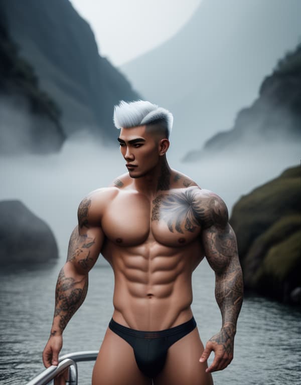  muscle, tattooed Chinese beautiful boy with white hair taking a in river ,  whole dorsal body，chest hair hyperrealistic, full body, detailed clothing, highly detailed, cinematic lighting, stunningly beautiful, intricate, sharp focus, f/1. 8, 85mm, (centered image composition), (professionally color graded), ((bright soft diffused light)), volumetric fog, trending on instagram, trending on tumblr, HDR 4K, 8K