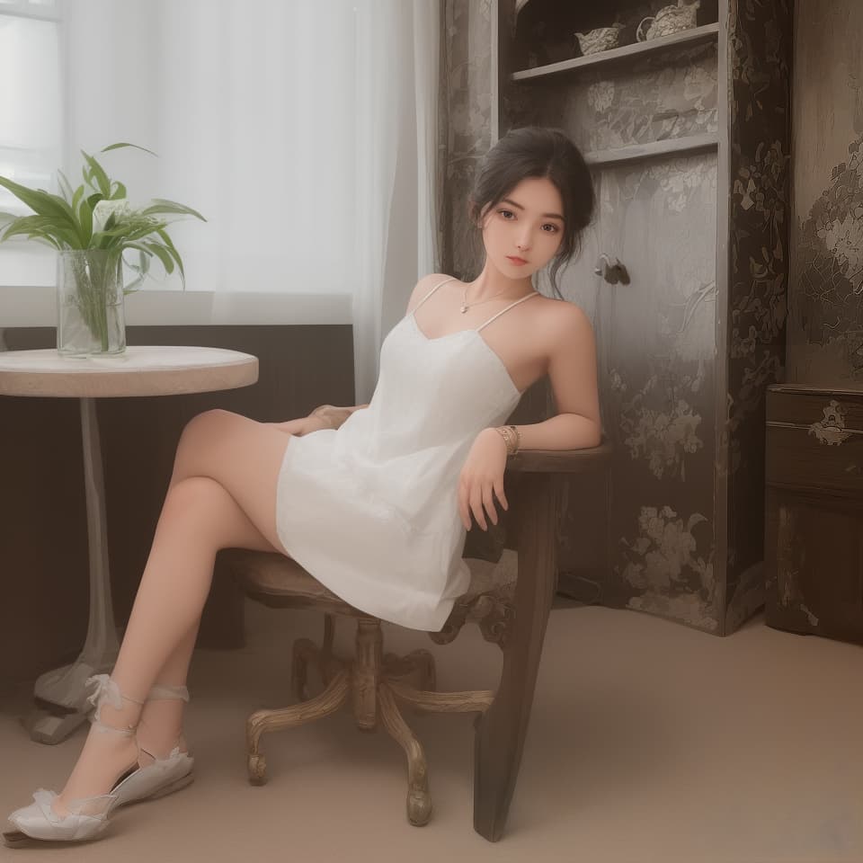  masterpiece, best quality, Keep the same person and general pose. Make her feet smaller, her legs have more muscle definition, she is sitting at a 45 degree angle to the camera