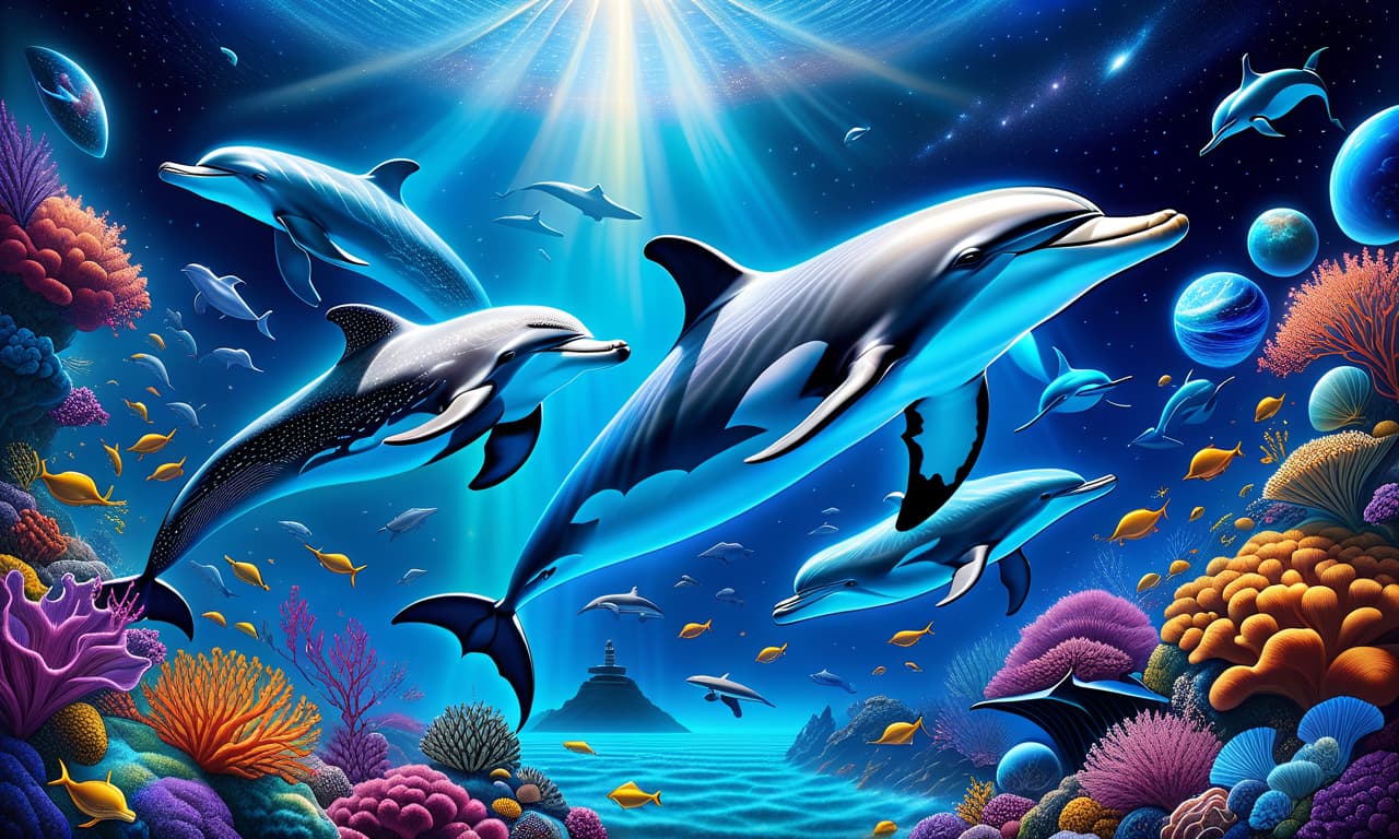  surrealist art /imagine prompt: A mesmerizing 3D scene capturing dolphins and whales as they gracefully float through the vast expanse of space, amidst a backdrop of vibrant cosmic scenes. Each creature is enveloped in a luminous aura, allowing them to navigate the celestial ocean. The stars, planets, and nebulae around them are rendered in vivid colors and intricate details, enhancing the surreal and ethereal quality of the scene. The marine animals move in harmony, creating a dance of life in the silent vacuum of space, symbolizing freedom and the interconnectedness of all things in the universe. This imaginative portrayal combines the serene beauty of marine life with the awe inspiring vastness of the cosmos, creating a visual spectacle hyperrealistic, full body, detailed clothing, highly detailed, cinematic lighting, stunningly beautiful, intricate, sharp focus, f/1. 8, 85mm, (centered image composition), (professionally color graded), ((bright soft diffused light)), volumetric fog, trending on instagram, trending on tumblr, HDR 4K, 8K