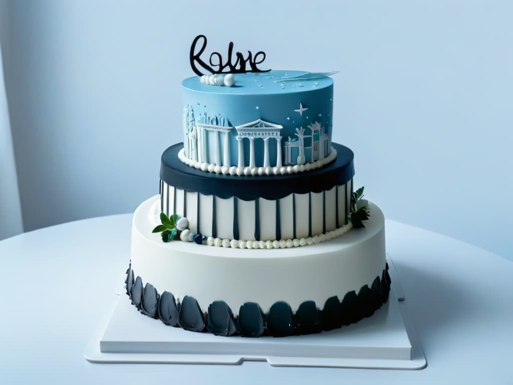  A minimalist black and white image of a delicate fondant cake adorned with intricate classical artinspired designs, such as elegant Roman columns and graceful Grecian motifs, set against a clean, uncluttered background. The cake is expertly crafted, showcasing exquisite detailing and precise brushwork that seamlessly blend the worlds of fine art and pastry creation. The simplicity of the composition highlights the artistry and sophistication of the dessert, embodying the fusion of classic artistic elements with the culinary craft. hyperrealistic, full body, detailed clothing, highly detailed, cinematic lighting, stunningly beautiful, intricate, sharp focus, f/1. 8, 85mm, (centered image composition), (professionally color graded), ((bright soft diffused light)), volumetric fog, trending on instagram, trending on tumblr, HDR 4K, 8K