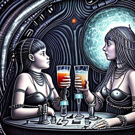  Alice and a girl dressed in chains having a drink at a wild drinking party on an alien planet, stable diffusion, absolute reality v1.6, in the style of hr giger