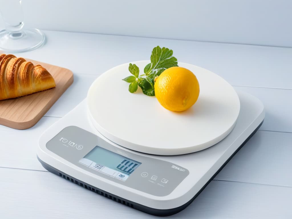  A highresolution, minimalist image of a sleek, modern kitchen scale with intricate details highlighting precision and accuracy, set against a soft, neutral background to convey a sense of professionalism and precision in managing costs for pastry competitions. hyperrealistic, full body, detailed clothing, highly detailed, cinematic lighting, stunningly beautiful, intricate, sharp focus, f/1. 8, 85mm, (centered image composition), (professionally color graded), ((bright soft diffused light)), volumetric fog, trending on instagram, trending on tumblr, HDR 4K, 8K