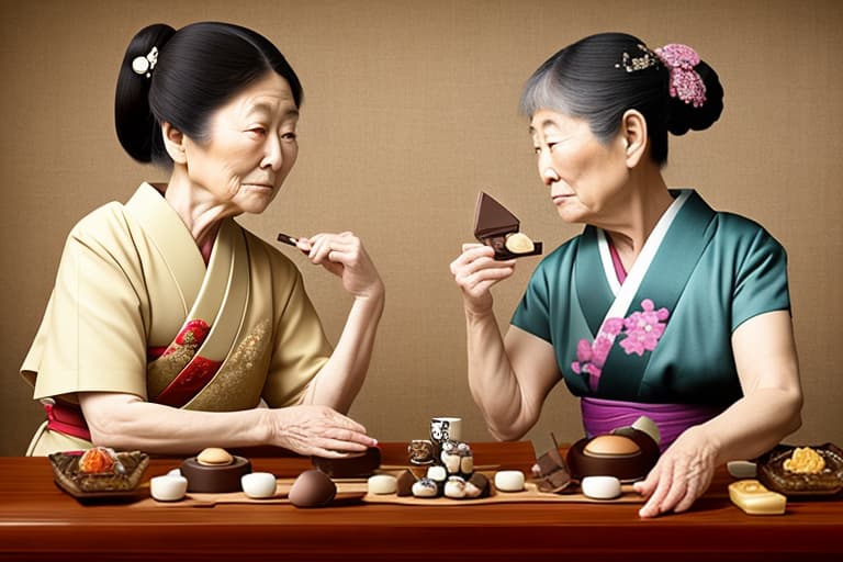  Beautiful 2 old Japanese , on a dinner table, fine chocolates on her body. Background is a Japanese restaurant. style of Edgar degas