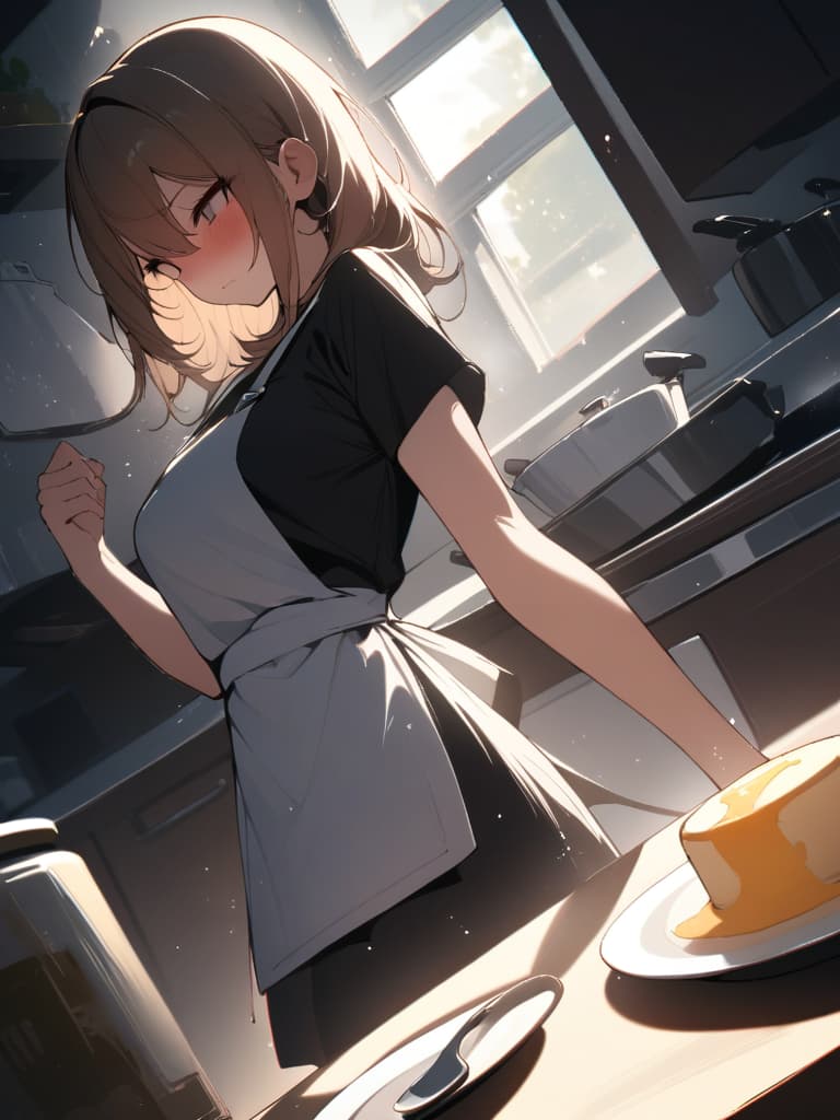  [sun light,sun flare,flare ghost,light particle],(absurdres,highres,superlative),((high texture)),((high contrast)),(top quality,masterpiece:1.5),(sence of depth:1.5),(dutch angle,kitchen,face only) BREAK solo,girl,kawaii,[evil grin,nose blush], apron,,open stance,holding a pudding with plate,spoon,, masterpiece, best quality,8k,ultra detailed,high resolution,an extremely delicate and beautiful,hyper detail