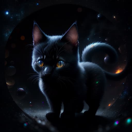  Black kitten on a background of space hyperrealistic, full body, detailed clothing, highly detailed, cinematic lighting, stunningly beautiful, intricate, sharp focus, f/1. 8, 85mm, (centered image composition), (professionally color graded), ((bright soft diffused light)), volumetric fog, trending on instagram, trending on tumblr, HDR 4K, 8K