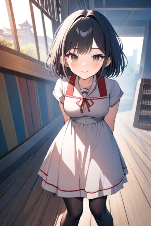  &quot;A cute with short hair, in her early 20s, working at a snack bar. Bob cut black hair, big eyes, pink cheeks and lips, small nose. Wearing a white , black tight , and apron. Smiling from behind the snack bar counter. Realistic anime style, high resolution, 4K, detailed background.&quot; hyperrealistic, full body, detailed clothing, highly detailed, cinematic lighting, stunningly beautiful, intricate, sharp focus, f/1. 8, 85mm, (centered image composition), (professionally color graded), ((bright soft diffused light)), volumetric fog, trending on instagram, trending on tumblr, HDR 4K, 8K