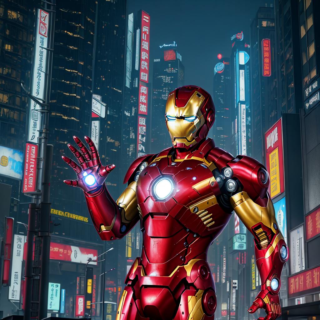  Masterpiece, best quality, masterpiece, 8k resolution, realistic, highly detailed, Iron Man close-up. She stands on a street lined with tall buildings in a cyberpunk style city at night. The city's night lights are bright, and the surrounding buildings and streets are full of cyberpunk elements such as neon lights, high-tech equipment, and futuristic architectural design.