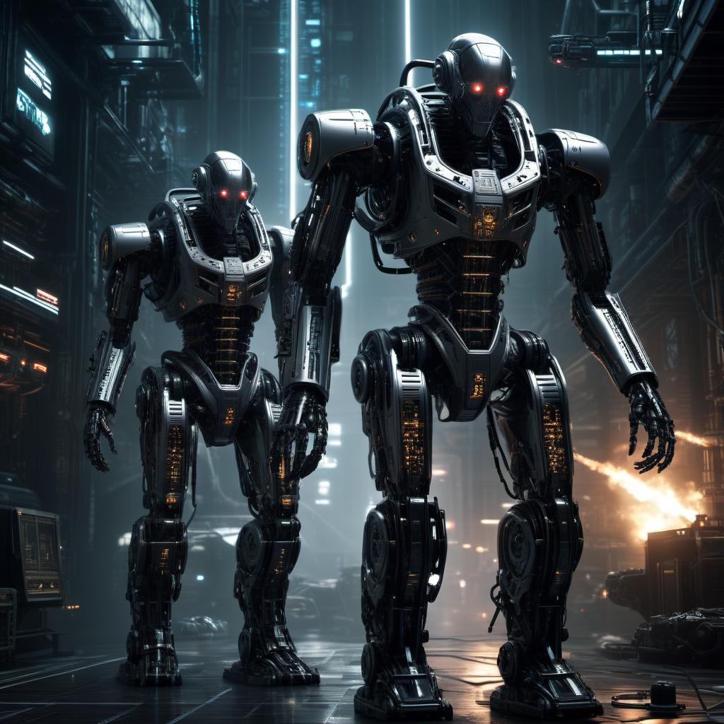  biomechanical cyberpunk Two robots + battle . cybernetics, human-machine fusion, dystopian, organic meets artificial, dark, intricate, highly detailed