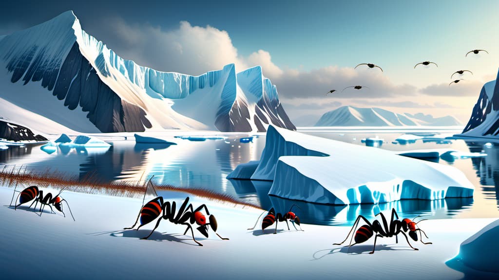  A bustling colony of polar ants thriving in the frigid expanse of the Arctic , ((realistic)), ((masterpiece)), focus on detailed clothing and atmosphere of the surroundings. Soft and natural lights.