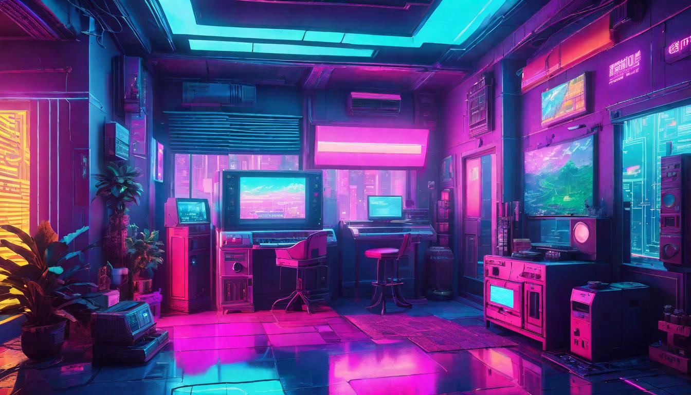  vaporwave,cyberpunk game style Inner world reflected in home, harmonious arrangement, glowing items, cosmic co creation, serene atmosphereeon, dystopian, futuristic, digital, vibrant, detailed, high contrast, reminiscent of cyberpunk genre video games,retro aesthetic, cyberpunk, vibrant, neon colors, vintage 80s and 90s style, highly detailed