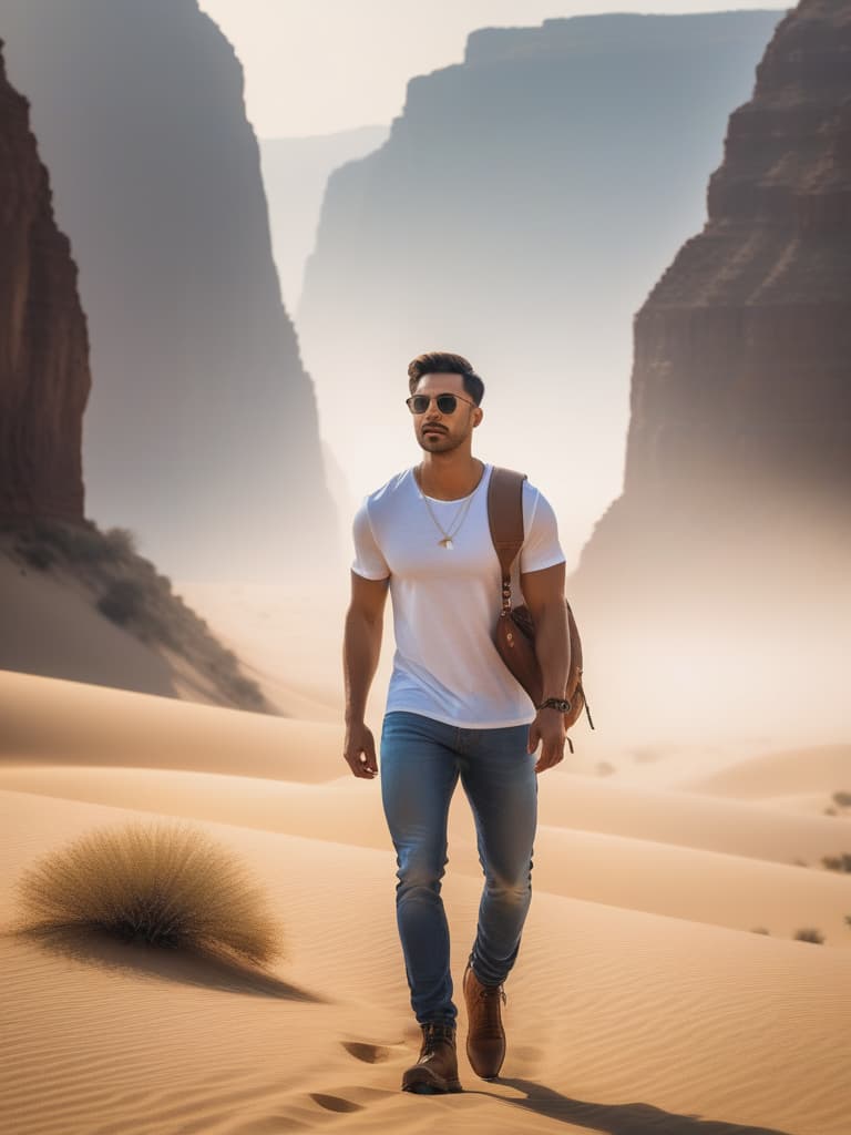  Half body portrait,Young Asian Male Tourist wear solid white casual short sleeve t shirt, walking in desert, cinematic lighting, stunningly beautiful, intricate, sharp focus, f/1. 8, 85mm, (professionally color graded), ((bright soft diffused light)), volumetric fog, trending on instagram, trending on tumblr, HDR 4K, 8K hyperrealistic, full body, detailed clothing, highly detailed, cinematic lighting, stunningly beautiful, intricate, sharp focus, f/1. 8, 85mm, (centered image composition), (professionally color graded), ((bright soft diffused light)), volumetric fog, trending on instagram, trending on tumblr, HDR 4K, 8K