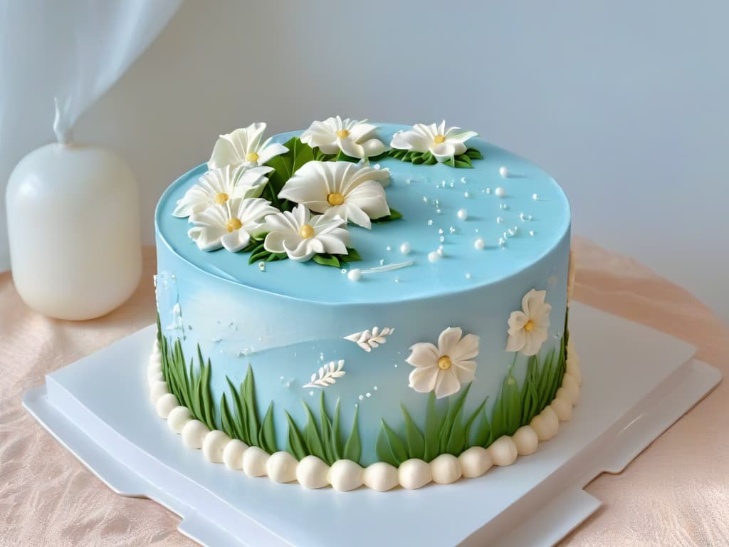  A closeup, ultradetailed image of a pristine white fondant cake with delicate handpiped floral decorations in pastel shades, showcasing intricate precision and artistry in cake decorating. hyperrealistic, full body, detailed clothing, highly detailed, cinematic lighting, stunningly beautiful, intricate, sharp focus, f/1. 8, 85mm, (centered image composition), (professionally color graded), ((bright soft diffused light)), volumetric fog, trending on instagram, trending on tumblr, HDR 4K, 8K