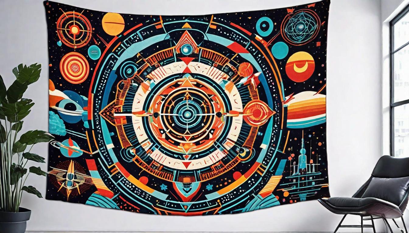  retro futuristic A tapestry woven with intricate patterns and symbols, each thread representing a different trial and wisdom gained, embodying layered understanding, the fabric of experience, patterns of pain and learning, a mosaic of resilience lvintage sci fi, 50s and 60s style, atomic age, vibrant, highly detailed