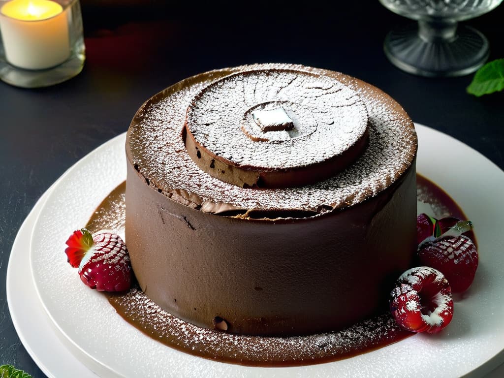  A closeup image of a decadent chocolate soufflé dusted with powdered sugar, garnished with fresh raspberries and mint leaves, on a sleek white plate set against a dark background. The rich, velvety texture of the soufflé contrasts beautifully with the vibrant red of the raspberries and the deep green of the mint, creating a visually striking and appetizing composition. hyperrealistic, full body, detailed clothing, highly detailed, cinematic lighting, stunningly beautiful, intricate, sharp focus, f/1. 8, 85mm, (centered image composition), (professionally color graded), ((bright soft diffused light)), volumetric fog, trending on instagram, trending on tumblr, HDR 4K, 8K