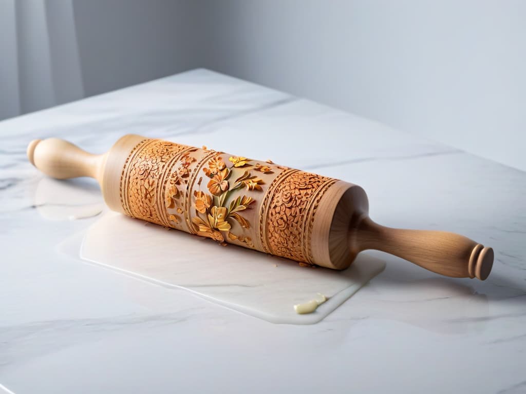  An intricately detailed, photorealistic image of a wooden rolling pin with elegant floral designs embossed on its surface, casting a soft shadow on a light marble countertop. The intricate patterns are highlighted by a gentle glimmer of light, showcasing the craftsmanship and beauty of the kitchen tool. hyperrealistic, full body, detailed clothing, highly detailed, cinematic lighting, stunningly beautiful, intricate, sharp focus, f/1. 8, 85mm, (centered image composition), (professionally color graded), ((bright soft diffused light)), volumetric fog, trending on instagram, trending on tumblr, HDR 4K, 8K