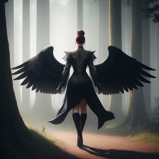  In a dark wood one mysterious beautiful man with wings on his back looking a woman. She walks on the path and her hair dance on the air hyperrealistic, full body, detailed clothing, highly detailed, cinematic lighting, stunningly beautiful, intricate, sharp focus, f/1. 8, 85mm, (centered image composition), (professionally color graded), ((bright soft diffused light)), volumetric fog, trending on instagram, trending on tumblr, HDR 4K, 8K