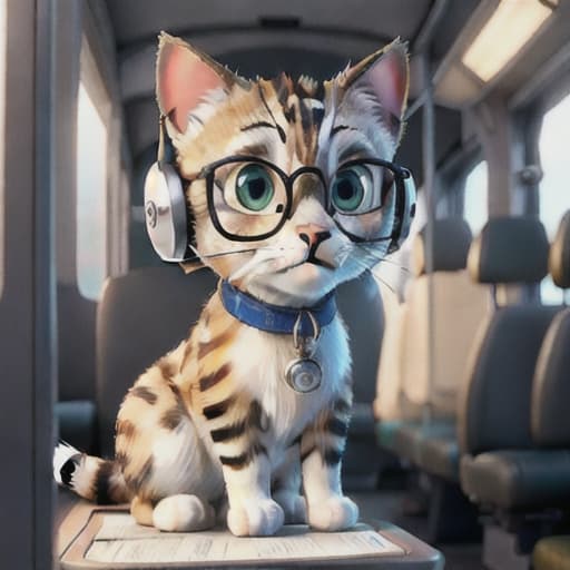  Realistic image of a cat wearing headphones and reading glasses while riding a bus. hyperrealistic, full body, detailed clothing, highly detailed, cinematic lighting, stunningly beautiful, intricate, sharp focus, f/1. 8, 85mm, (centered image composition), (professionally color graded), ((bright soft diffused light)), volumetric fog, trending on instagram, trending on tumblr, HDR 4K, 8K