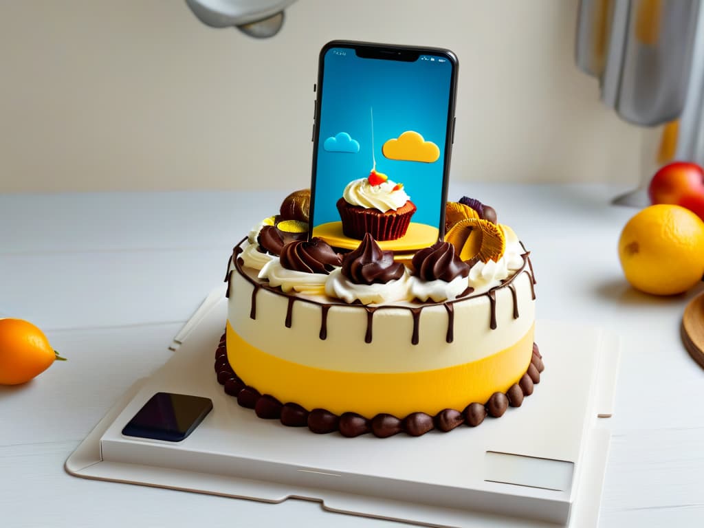  A highresolution, ultradetailed image of a sleek, minimalist smartphone displaying an augmented reality app for baking, showcasing a lifelike 3D model of a beautifully decorated cake superimposed onto a kitchen countertop. The app interface is clean and modern, with vibrant colors and intuitive design elements, creating a visually stunning and engaging visual representation of augmented reality technology in the context of baking and pastry decoration. hyperrealistic, full body, detailed clothing, highly detailed, cinematic lighting, stunningly beautiful, intricate, sharp focus, f/1. 8, 85mm, (centered image composition), (professionally color graded), ((bright soft diffused light)), volumetric fog, trending on instagram, trending on tumblr, HDR 4K, 8K