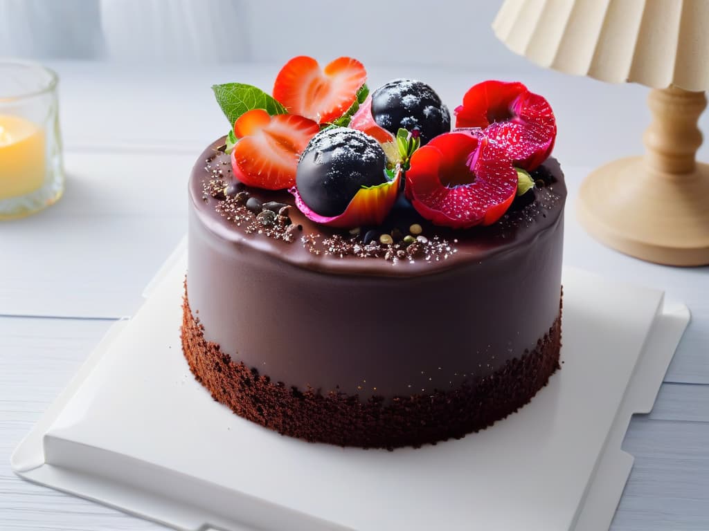  A closeup, ultradetailed image of a decadent chocolate cake topped with a sprinkling of vibrant amaranth seeds, set against a simple, elegant white backdrop. The focus is on the glossy texture of the chocolate ganache and the tiny, intricate details of the amaranth seeds, highlighting the fusion of ancient and modern ingredients in a visually striking manner. hyperrealistic, full body, detailed clothing, highly detailed, cinematic lighting, stunningly beautiful, intricate, sharp focus, f/1. 8, 85mm, (centered image composition), (professionally color graded), ((bright soft diffused light)), volumetric fog, trending on instagram, trending on tumblr, HDR 4K, 8K