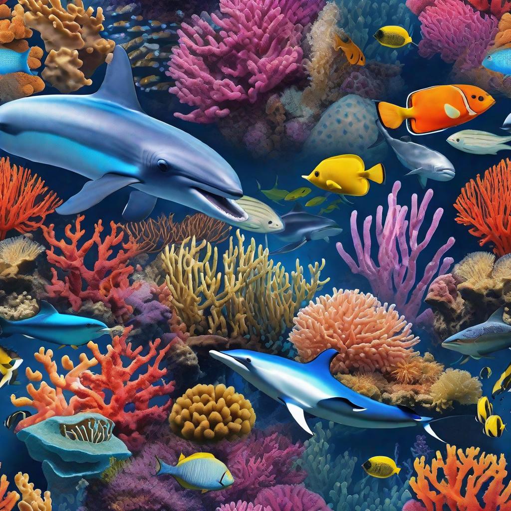  masterpiece, best quality, Most Beautiful in deep sea teeming with vibrant corals, diverse marine life, and enchanting underwater landscapes, full of corals, acrophore, small fishes, anemones, dolphin, various algaes, caves, colorful,all captured in stunning 8k resolution with intricate details.