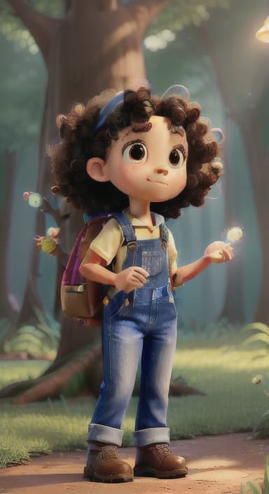  {The tree shining brightly and releasing a gentle, magical light., Riley, a curious with big brown eyes and curly hair, wearing overalls and carrying a small backpack. Their friend, Skye, a bluebird with shiny feathers.