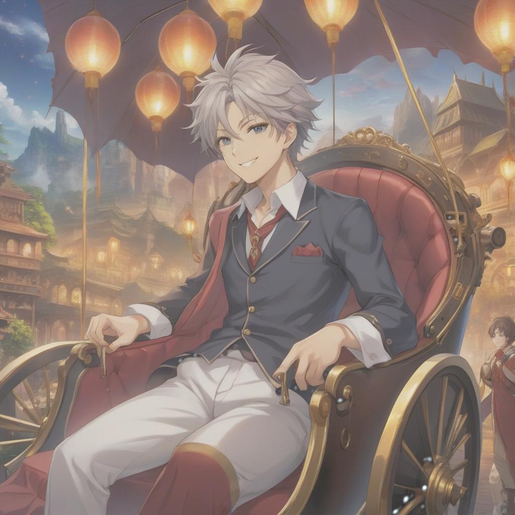  anime artwork A young man in a carriage, wearing a shirt and trousers, smiles cunningly, against a backdrop of a fantasy world. . anime style, key visual, vibrant, studio anime, highly detailed hyperrealistic, full body, detailed clothing, highly detailed, cinematic lighting, stunningly beautiful, intricate, sharp focus, f/1. 8, 85mm, (centered image composition), (professionally color graded), ((bright soft diffused light)), volumetric fog, trending on instagram, trending on tumblr, HDR 4K, 8K