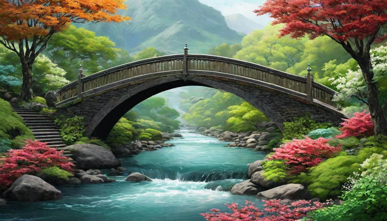  digital illustration A bridge spanning a tumultuous river towards a tranquil garden, symbolizing transition, guided by unseen forces, intrinsic draw, peaceful resolve, sanctuary of service looking at viewer, dynamic pose, (intricate details, masterpiece, best quality)