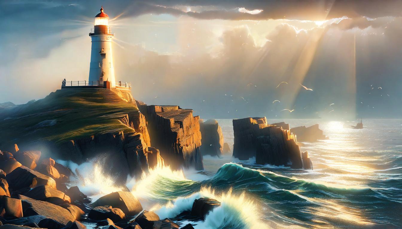  digital illustration Lighthouse standing tall on a rocky shore, its light casting out into the dark sea, guiding ships; metaphor for story as a beacon for others; steadfast, guiding, hopeful illumination; realistic art style with a touch of symbolism looking at viewer, dynamic pose, (intricate details, masterpiece, best quality)