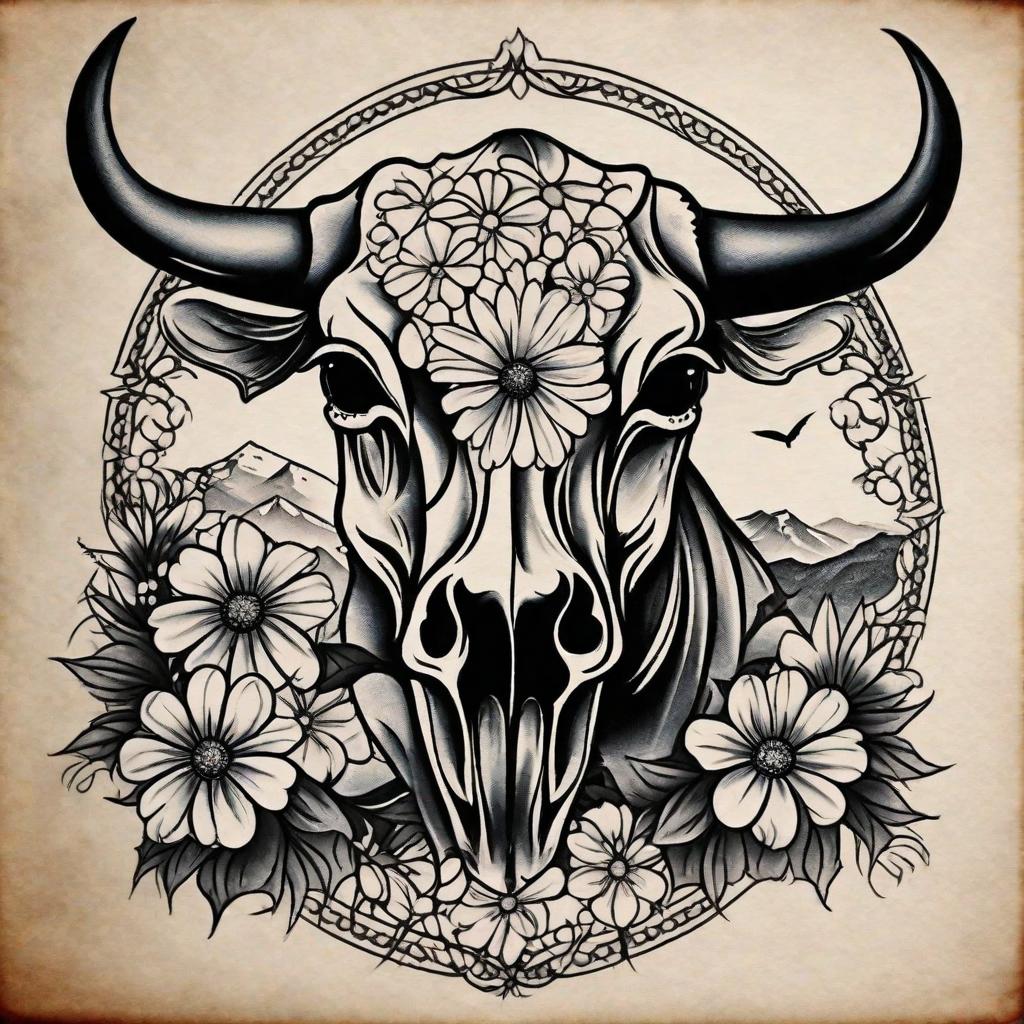  masterpiece, best quality,Smoky mountain landscape with daisy's and wildflowers, feminine bull skull black and grey tattoo half sleeve,