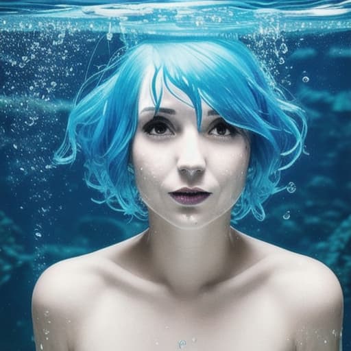  woman under water with short blue hair no reaction