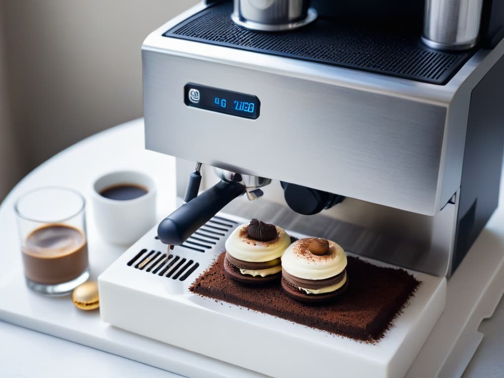  A minimalist, ultradetailed image showcasing a sleek, highend espresso machine with steam rising from a freshly brewed shot of espresso, perfectly paired with an assortment of decadent gourmet desserts like rich tiramisu, delicate macarons, and a luscious chocolate lava cake. The espresso is served in an elegant, transparent glass cup, highlighting the rich crema on top, while the desserts are artfully arranged on a clean, white marble countertop, creating a visually striking contrast. The image conveys sophistication, luxury, and the perfect harmony between premium espresso and gourmet desserts. hyperrealistic, full body, detailed clothing, highly detailed, cinematic lighting, stunningly beautiful, intricate, sharp focus, f/1. 8, 85mm, (centered image composition), (professionally color graded), ((bright soft diffused light)), volumetric fog, trending on instagram, trending on tumblr, HDR 4K, 8K