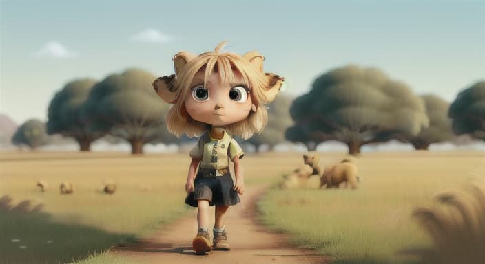  {Grace walking through the savannah with determination in her eyes., She had a heart as big as her height and a curious spirit.