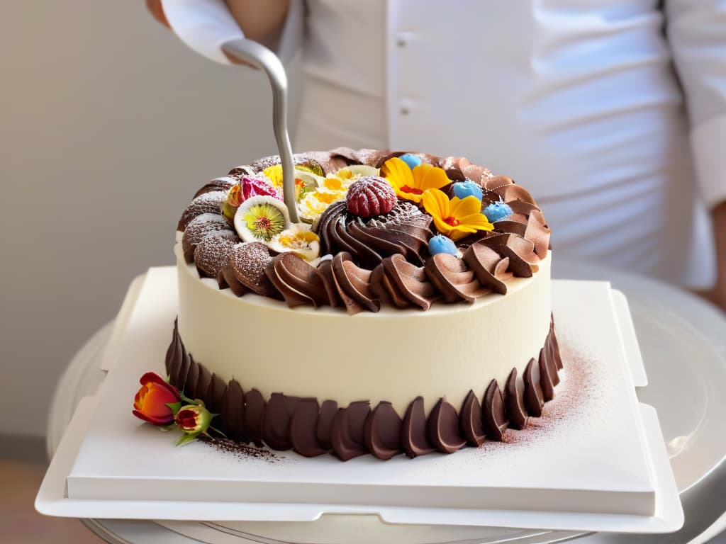  A minimalist, ultradetailed image of a chef delicately piping intricate frosting swirls onto a beautifully crafted cake, surrounded by an array of colorful confectionery decorations like sprinkles, edible flowers, and chocolate shavings. The focus is on the chef's steady hands and the precision of their artistry, capturing the essence of creativity and skill in the world of pastry competitions. The image exudes elegance and professionalism, perfectly complementing the theme of the article on maximizing media coverage through strategic public relations in the realm of baking contests. hyperrealistic, full body, detailed clothing, highly detailed, cinematic lighting, stunningly beautiful, intricate, sharp focus, f/1. 8, 85mm, (centered image composition), (professionally color graded), ((bright soft diffused light)), volumetric fog, trending on instagram, trending on tumblr, HDR 4K, 8K