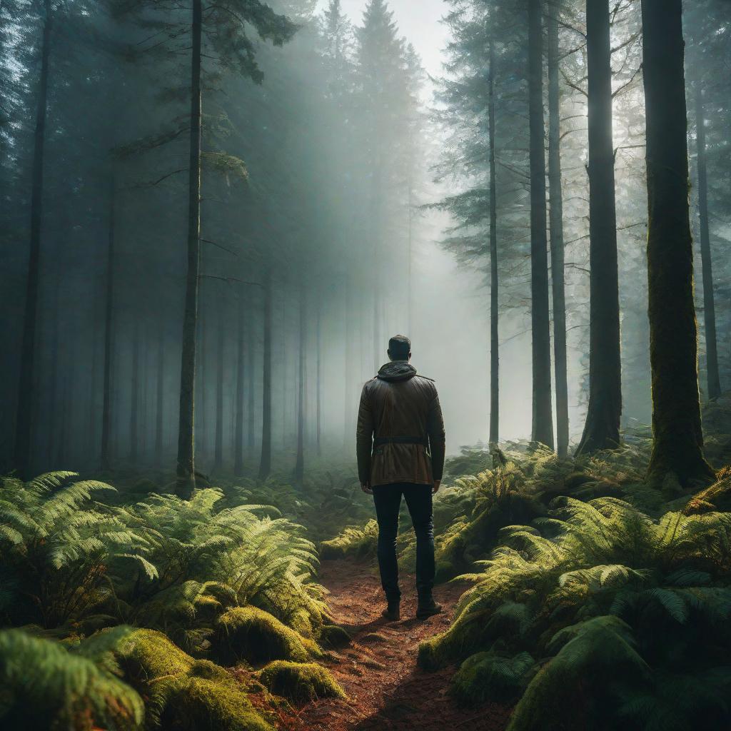  The person in front of the forest is on the right side hyperrealistic, full body, detailed clothing, highly detailed, cinematic lighting, stunningly beautiful, intricate, sharp focus, f/1. 8, 85mm, (centered image composition), (professionally color graded), ((bright soft diffused light)), volumetric fog, trending on instagram, trending on tumblr, HDR 4K, 8K