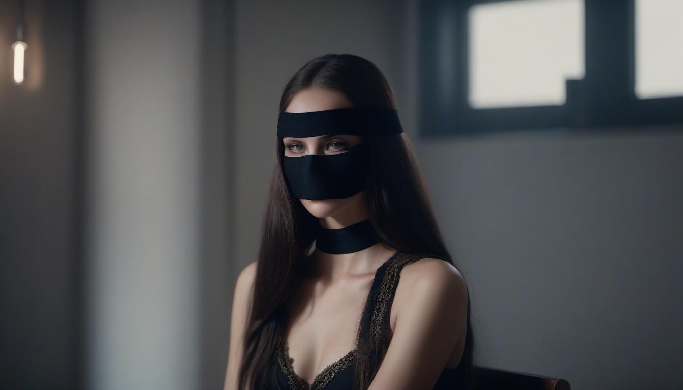  A long haired girl with a black bandage over her eyes sits in the corner of the room. hyperrealistic, full body, detailed clothing, highly detailed, cinematic lighting, stunningly beautiful, intricate, sharp focus, f/1. 8, 85mm, (centered image composition), (professionally color graded), ((bright soft diffused light)), volumetric fog, trending on instagram, trending on tumblr, HDR 4K, 8K