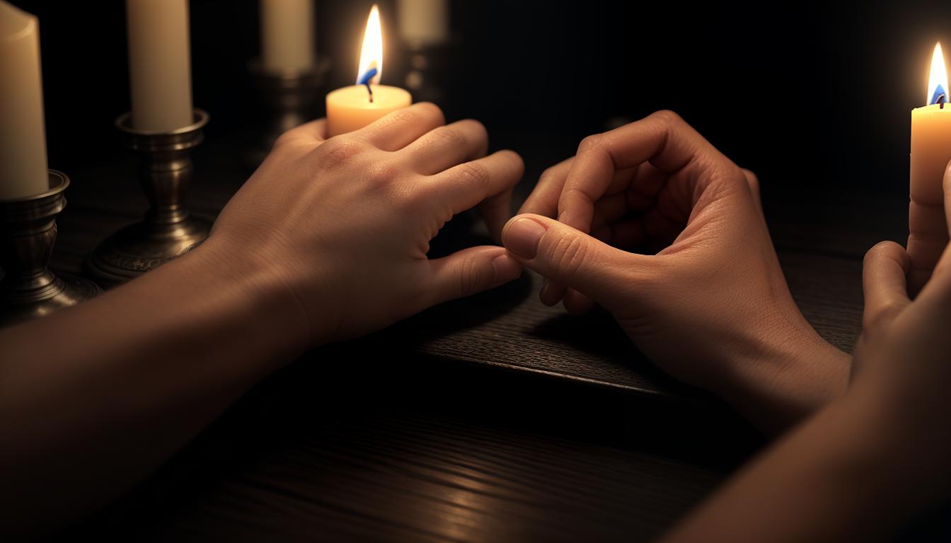  cinematic, aesthetic, A candle burning at both ends, wax dripping onto a hand, hand detailed with wrinkles and lifelike features, sense of pain and sacrifice, burnout, diminishing self, urgency, 4k, HDR, lens flare