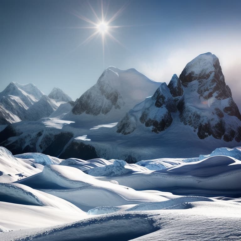  landscape ice mountains, clear sky with snow hyperrealistic, full body, detailed clothing, highly detailed, cinematic lighting, stunningly beautiful, intricate, sharp focus, f/1. 8, 85mm, (centered image composition), (professionally color graded), ((bright soft diffused light)), volumetric fog, trending on instagram, trending on tumblr, HDR 4K, 8K