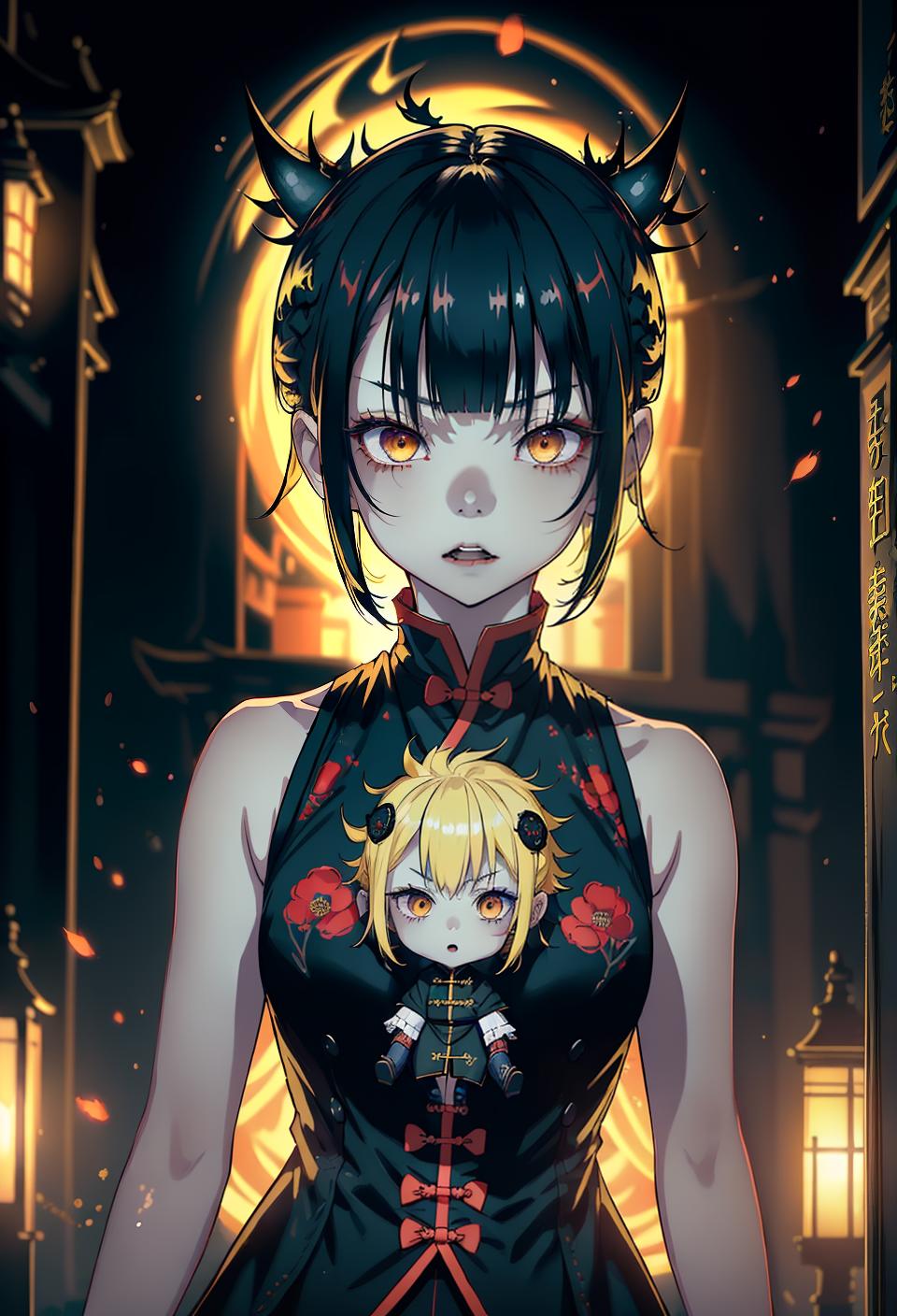  ((trending, highres, masterpiece, cinematic shot)), 1girl, chibi, female chinese outfit, graveyard scene, very short spiked yellow hair, bangs covering eyes,  dark eyes, rational personality, scared expression, very pale skin, magical, lucky
