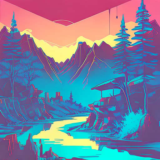 nvinkpunk Whimsical mountains with trees and water