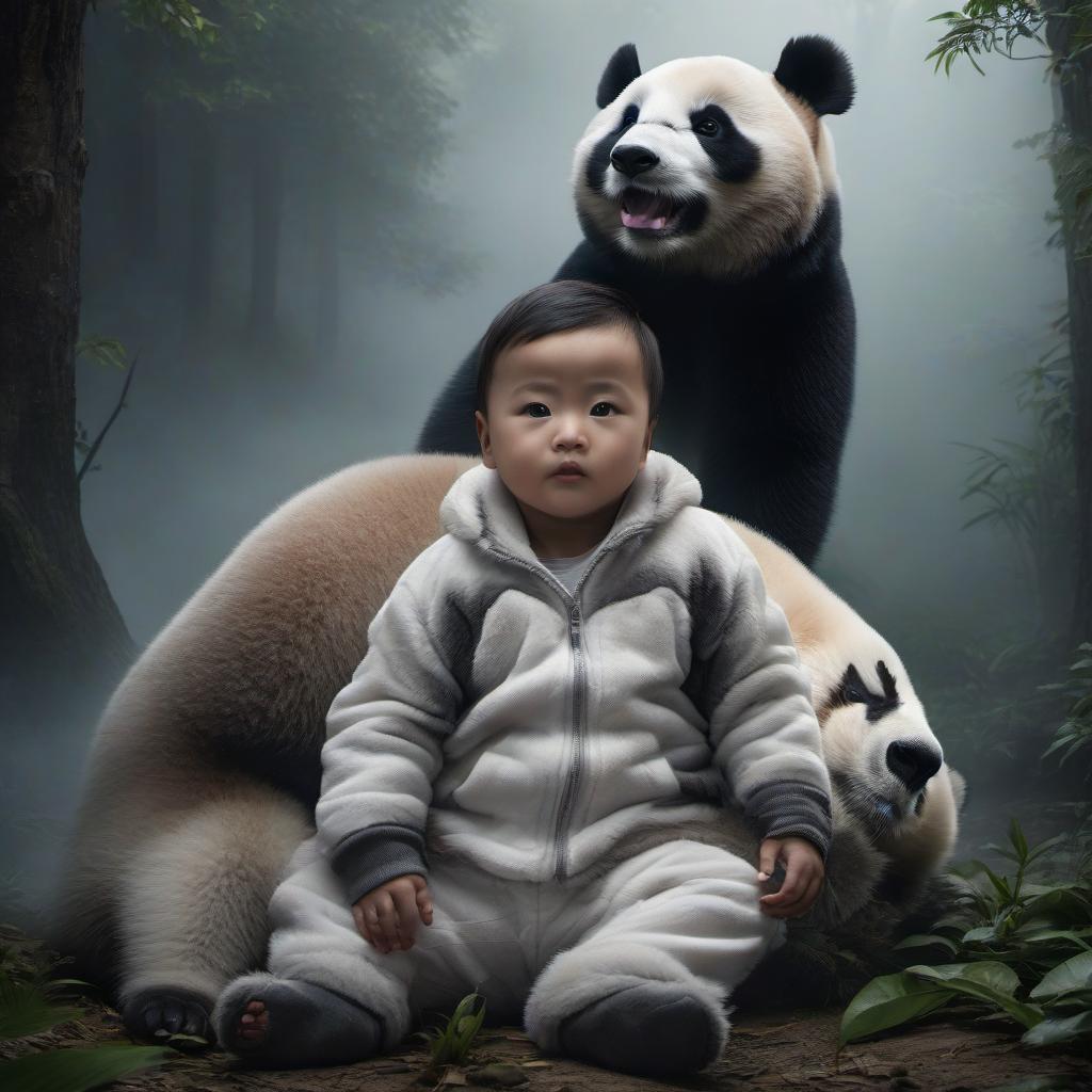  hyperrealistic art A small boy sits on a big evil panda. . extremely high resolution details, photographic, realism pushed to extreme, fine texture, incredibly lifelike hyperrealistic, full body, detailed clothing, highly detailed, cinematic lighting, stunningly beautiful, intricate, sharp focus, f/1. 8, 85mm, (centered image composition), (professionally color graded), ((bright soft diffused light)), volumetric fog, trending on instagram, trending on tumblr, HDR 4K, 8K