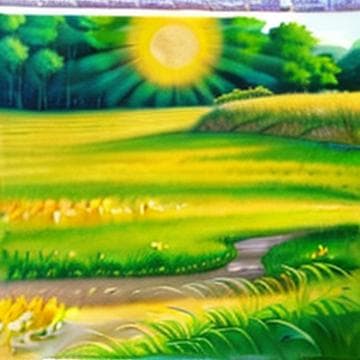 the sun is shining brightly over a vibrant and lush green grass field, creating a serene and peaceful atmosphere. the scene is depicted in a detailed and realistic style, capturing the beauty of nature and the tranquility it offers.