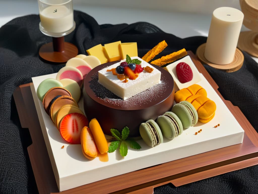  An ultradetailed 8k image of a minimalist, elegant dessert platter showcasing a fusion of traditional Korean sweets with modern dessert aesthetics. The platter features delicately arranged Korean rice cakes, known as "tteok", alongside trendy desserts like macarons and matchaflavored pastries. The color palette is a harmonious blend of soft pastels and earthy tones, with a focus on exquisite presentation and cultural fusion. Each element on the platter is meticulously crafted, embodying the perfect balance between Korean culinary heritage and contemporary dessert trends. hyperrealistic, full body, detailed clothing, highly detailed, cinematic lighting, stunningly beautiful, intricate, sharp focus, f/1. 8, 85mm, (centered image composition), (professionally color graded), ((bright soft diffused light)), volumetric fog, trending on instagram, trending on tumblr, HDR 4K, 8K