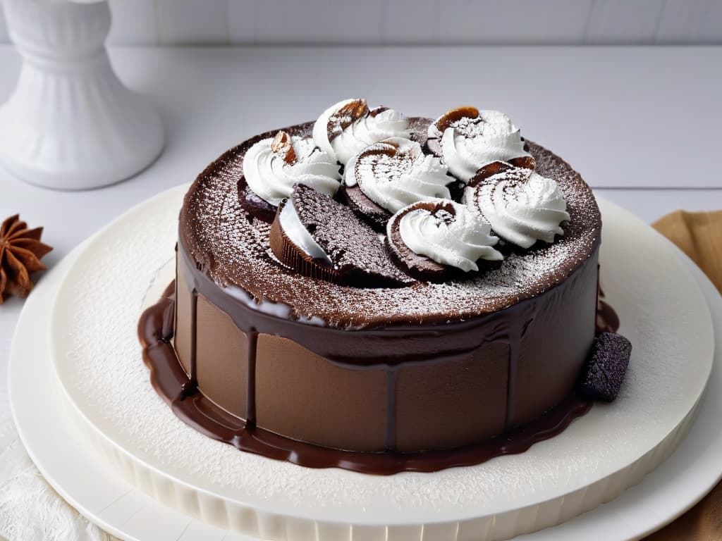  An ultradetailed closeup image of a decadent chocolate lava cake being gently sliced open, revealing a molten, gooey center oozing out onto a pristine white plate. The cake is perfectly moist with a glossy sheen, contrasting beautifully with the rich, dark chocolate interior. The image captures the moment of indulgence, with a sprinkle of powdered sugar cascading down like a gentle snowfall, adding a touch of elegance to the scene. The warm, inviting colors and the intricate textures of the dessert make it a mouthwatering centerpiece that is sure to inspire and captivate any dessert enthusiast or aspiring photographer. hyperrealistic, full body, detailed clothing, highly detailed, cinematic lighting, stunningly beautiful, intricate, sharp focus, f/1. 8, 85mm, (centered image composition), (professionally color graded), ((bright soft diffused light)), volumetric fog, trending on instagram, trending on tumblr, HDR 4K, 8K