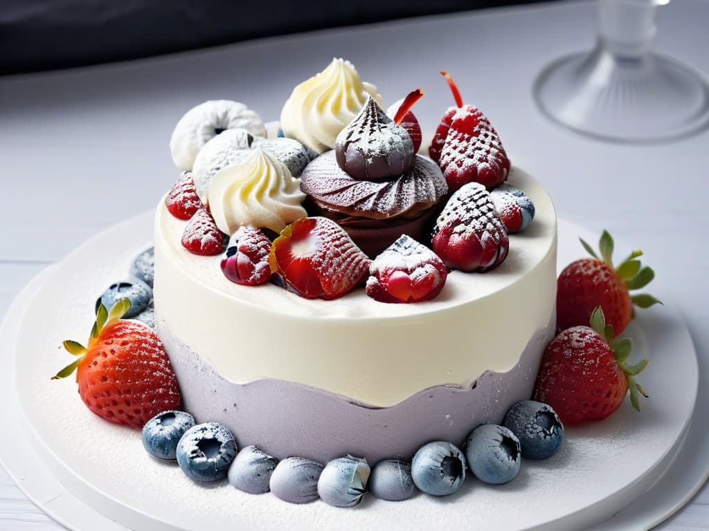  A highresolution closeup image of a beautifully decorated ketofriendly dessert, featuring intricate swirls of sugarfree whipped cream, fresh berries arranged in a delicate pattern, and a dusting of powdered erythritol for a touch of elegance. The dessert is placed on a sleek white plate against a minimalist black backdrop, highlighting the vibrant colors and meticulous details of the presentation. hyperrealistic, full body, detailed clothing, highly detailed, cinematic lighting, stunningly beautiful, intricate, sharp focus, f/1. 8, 85mm, (centered image composition), (professionally color graded), ((bright soft diffused light)), volumetric fog, trending on instagram, trending on tumblr, HDR 4K, 8K