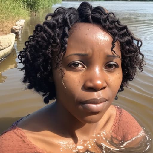  african woman's face with short and curly hair drowning in the river