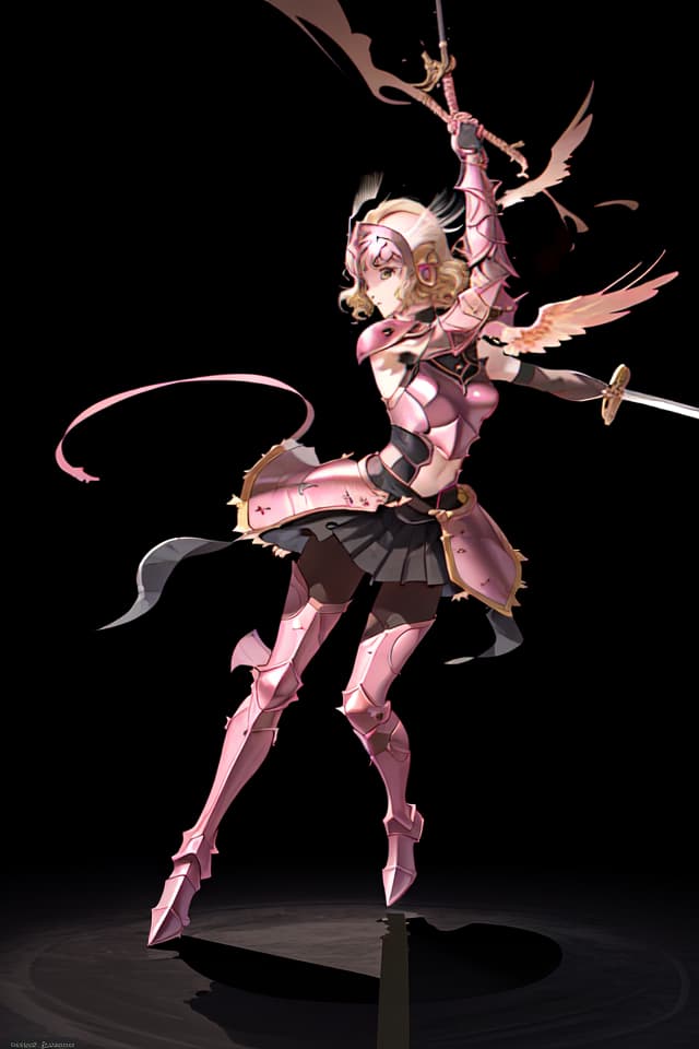  absurdres,highres,superlative,texture,contrast,top quality,masterpiece,(madeon) BREAK (solo,girl,warrior),kawaii,athlete,abs,blond,curly hair,(pink armor, armor, shoulder armor,gloves,winged helmet,tights,boots,),(the long sword,holding the long sword,grappling the sword in hand),(fighting stance,dynamic angle),(perfect hands,perfect clothes),((covering privates)),