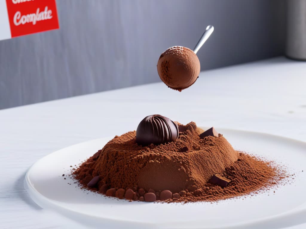  A closeup, ultradetailed image of a hand elegantly dusting cocoa powder over a freshly rolled batch of rich, glossy Belgian chocolate truffles, placed on a pristine marble countertop. The cocoa powder hangs in the air, caught in the sunlight streaming through a nearby window, highlighting the intricate textures and glossy finish of the truffles. Each detail, from the delicate cracks on the chocolate surface to the fine dusting of cocoa powder, is vivid and lifelike, inviting the viewer to almost smell the rich aroma of chocolate in the air. hyperrealistic, full body, detailed clothing, highly detailed, cinematic lighting, stunningly beautiful, intricate, sharp focus, f/1. 8, 85mm, (centered image composition), (professionally color graded), ((bright soft diffused light)), volumetric fog, trending on instagram, trending on tumblr, HDR 4K, 8K